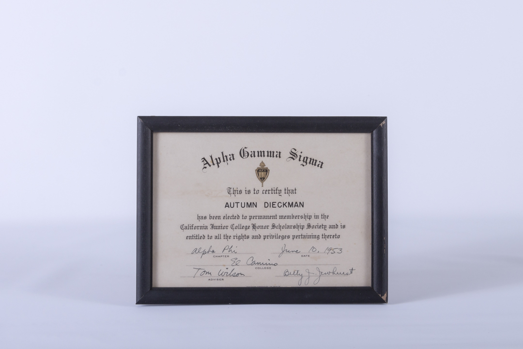 1953 Alpha Gamma Sigma Honor Scholarship Society Certificate, chapter Alpha Phi from El Camino College Torrance California