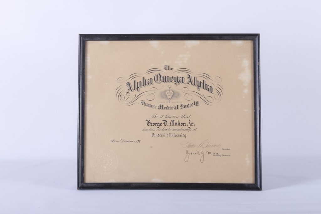 Vanderbilt University Alpha Omega Alpha Honor Medical Society Certificate 1937