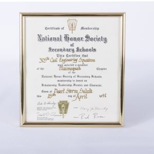 Vintage Certificate National Honor Society of Secondary Schools Desert Storm ‘91