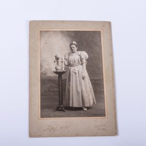 Beautiful Antique Cabinet Photo of Woman in White Dress with Rolled Diploma