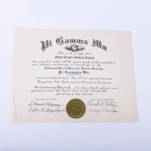 Pi Gamma Mu social science honor society certificate 1950